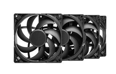 Black computer cooling fans aligned in a row, highlighting their textured blades and precise symmetrical design for optimal airflow. Isolated on white. © Denis Rozhnovsky