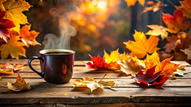 Steaming cup of coffee on a rustic wooden table with autumn leaves in the background