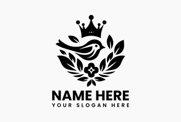 Minimalist sparrow in flight with crown and floral line-art elements in clean vector logo design, symbolizing natural grace and modern elegance  