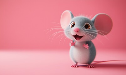 Cute cartoon mouse character with big ears and cheerful expression on pink background