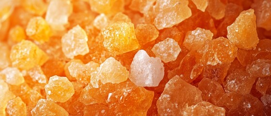 Pile of crystallized orange rock candy evokes sugary texture, creating sense of appetizing food photography.