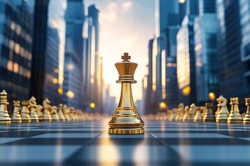 Golden King piece in the middle of city chessboard