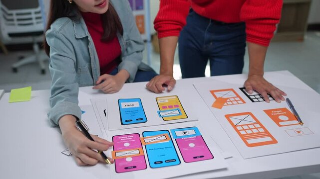 Two ux designers are analyzing paper prototypes of a mobile application interface, testing user flows and improving design elements on a white table