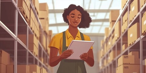 Warehouse worker reviewing inventory list in storage facility with boxes