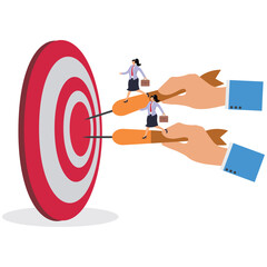 Set new goals and tasks to help or guide the businesswomen to reach their goals or complete their tasks, with giant hand held darts guiding the small businesswomen to the bull's eye