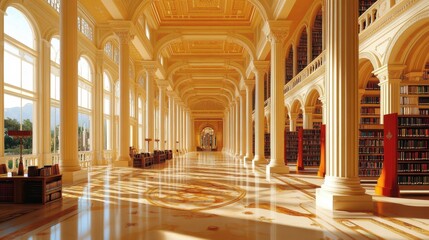 Obraz premium Opulent library hall with grand columns and illuminated architecture perfect for design and inspirational backdrop setting scene