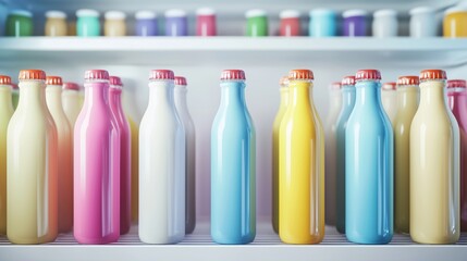 Colorful bottles in refrigerator showcasing vibrant packaging and design