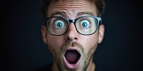 Surprised man with glasses expressing shock and amazement in close-up portrait