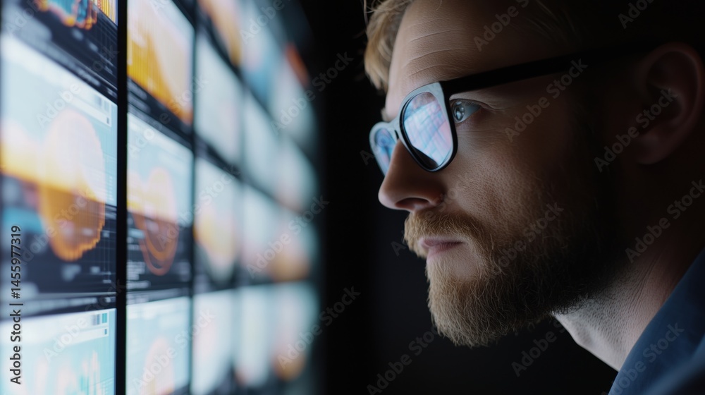 Poster focused man analyzing data on multiple screens in a dark environment
