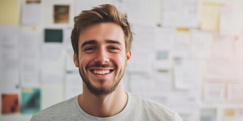 Smiling young man with beard in front of creative workspace filled with notes