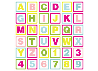 alphabet for children. Kids learning material. Card for learning alphabet and numbers. color alphabet and numbers in square