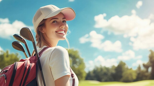 Smiling young woman with golf clubs enjoying sunny day on golf course