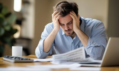 Stressed man overwhelmed by financial paperwork and bills at home office