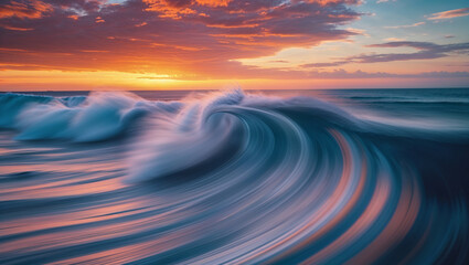 Fototapeta premium Captivating shot of an ocean wave curling beneath a vibrant sunset over the sea.