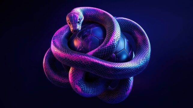 Snake wrapped around a soccer ball in vibrant purple and blue colors