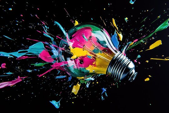exploding colorful light bulb, shards and vibrant paint splashes flying out, creativity concept