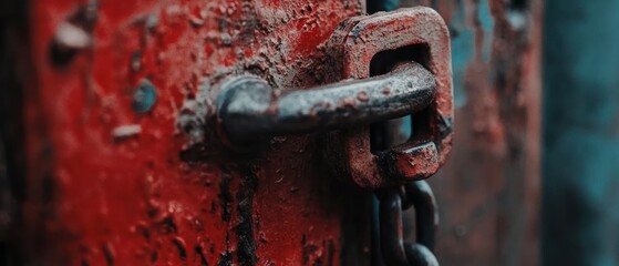 Rusty Red Gate Clasp and Chain: A Close-Up View of Industrial Decay