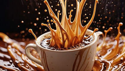 Depicting Vibrant, abstract splash of coffee with dynamic lines and rich colors