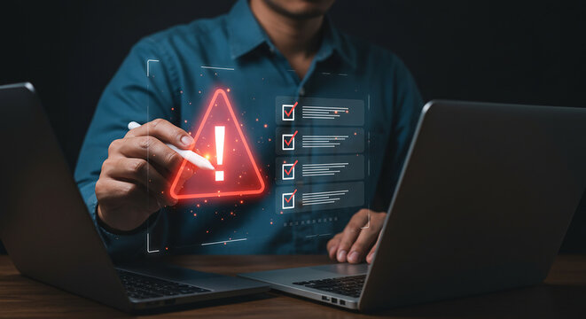 Man using stylus on laptop with warning sign and checklist on screen in dark environment setting selling,purchasing,agreement,$