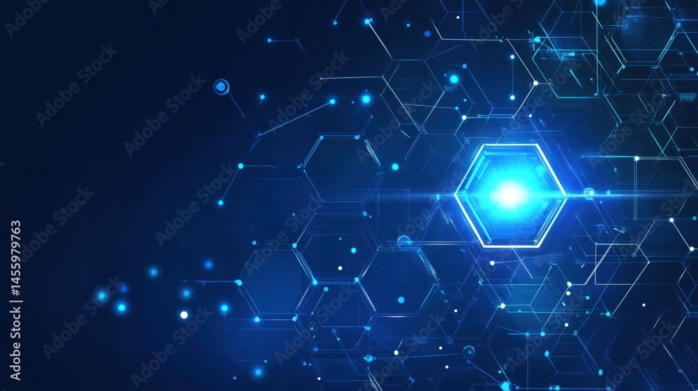 Poster futuristic hexagonal technology background with glowing blue elements and digital patterns