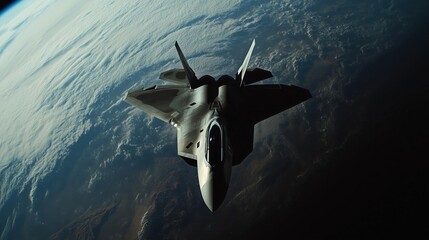 Obraz premium Futuristic stealth fighter jet soaring above Earth in low orbit with clouds and terrain