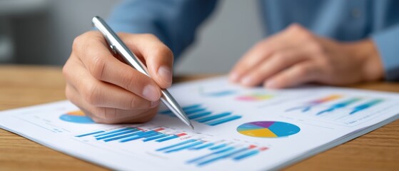 A person analyzes printed business charts and graphs, using a pen to review financial data and performance reports at a desk.