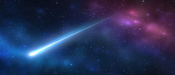 A bright shooting star streaks across a colorful, star-filled night sky in space.