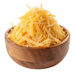 Heap of delectable shredded cheese on wooden bowl on white background