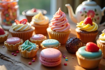 Fototapeta premium Delicious assortment of colorful cupcakes tarts and macarons for a sweet dessert display