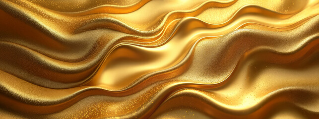 Obraz premium Waves of liquid glossy gold metal, glossy mirror chrome, water effect. Liquid metal background, Abstract texture