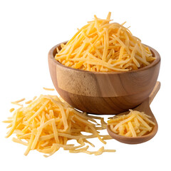 Heap of delectable shredded cheese on wooden bowl on white background
