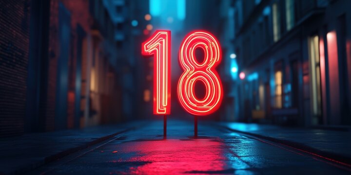 Neon number 18 glowing in dark alley with vibrant urban atmosphere