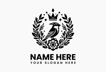 Delicate sparrow in flight wearing a dainty floral crown, minimalist vector logo for eco-friendly jewelry brands