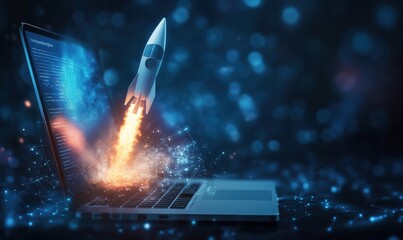 Rocket launching from laptop symbolizing innovation and technology advancement