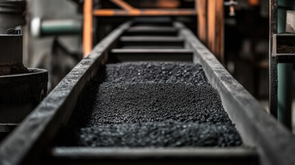 Industrial Conveyor Belt with Dark Granular Material