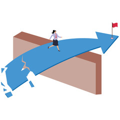 Obraz premium Ruined, business or career path collapses with no way back, investment loses money, economy, business or stock market collapses, businesswoman runs on progressively broken arrows