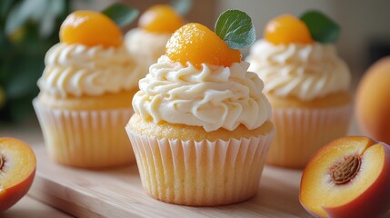 Cupcakes with white frosting and peach topping on a wooden surface.