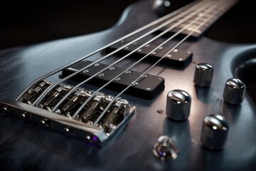 Fototapeta premium Close-up of a sleek, dark-grey bass guitar. The metallic hardware glistens under the light.