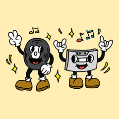 Vinyl and casette retro vintage cartoon icon mascot with color, music vintage mascot design