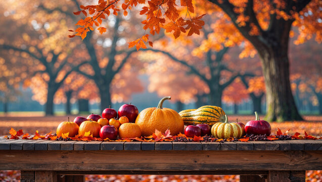 A beautifully arranged harvest display of pumpkins and apples, perfect for autumn themes.