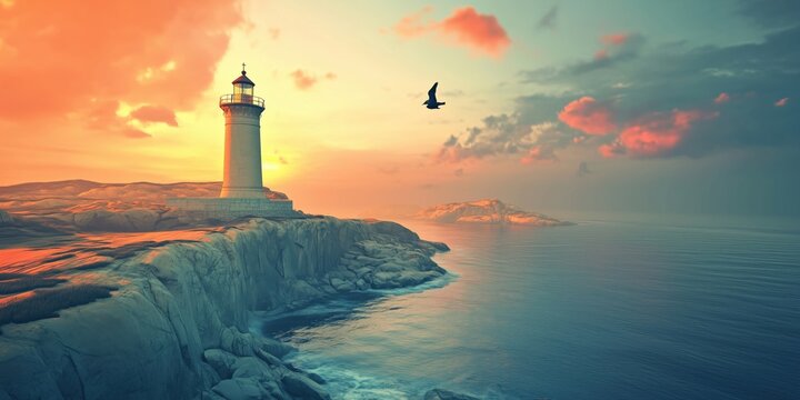 Lighthouse at sunset illuminating rocky coastline with serene ocean view