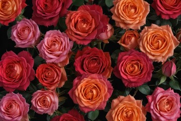 Naklejka premium A dozen vibrant roses, fully bloomed, isolated on black, beauty, macro, isolated