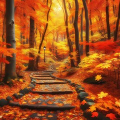 Autumn foliage carpeting a park pathway Crisp orange yellow and