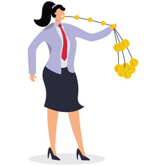 Greedy, desire for money, gain, profit or income, business kickbacks, financial crimes, businesswoman eating a string of gold coins held in his hand