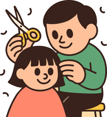 A Smiling Young Girl Is Getting Her Hair Cut By A Person With Gold Scissors