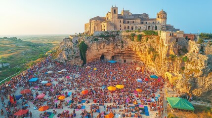 Massive crowd gathering at a cliffside venue