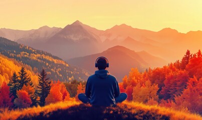 Fototapeta premium Meditative person enjoying sunset in autumn mountains with headphones