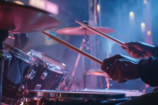 Close-up of a drummer's hands playing an energetic beat on a drum set under vibrant stage lighting.