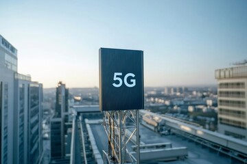 Modern 5g antenna providing high speed internet connectivity on building rooftop against cityscape backdrop