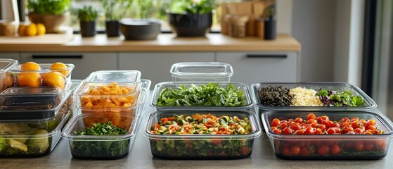 Various prepared vegetables and fruits sit inside transparent food storage containers, positioned on a light countertop.